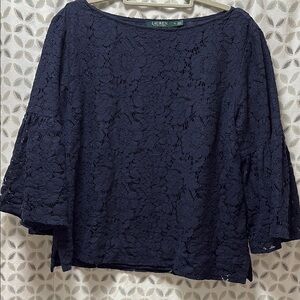 Lauren Ralph Lauren Navy Lace Blouse 3/4 bell sleeves size XL